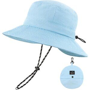 Unisex Sky Blue 100% Nylon Waterproof Wide Brim Mesh Vent Chin Strap Bucket Hat